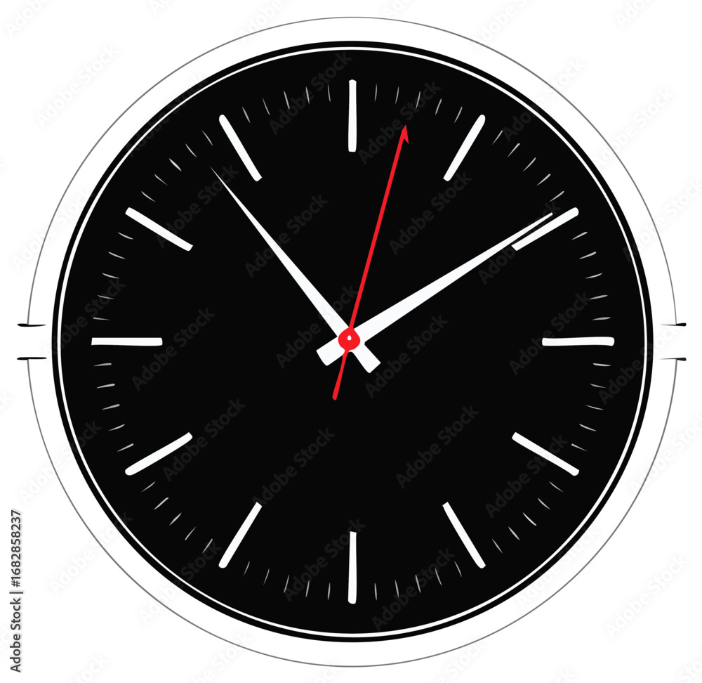 Poster clean minimalist black clock face displaying time with white markers and distinctive red second hand