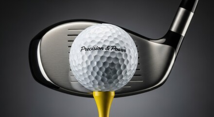 White golf ball with dimples and text Precision & Power on yellow tee in front of driver club head golf club