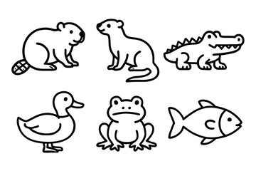Simple black and white animal icons including beaver, otter, crocodile, duck, frog, and fish