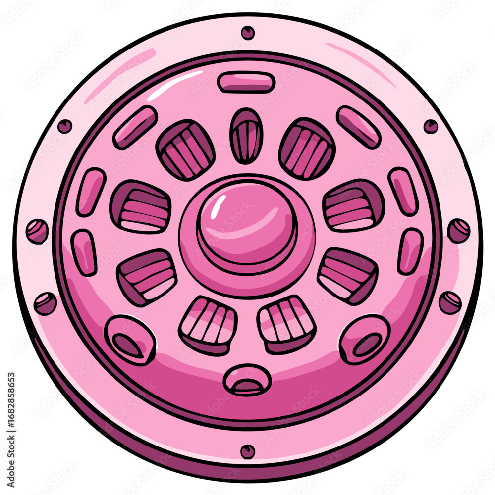 Poster Decorative pink circular object with a central gemstone and radiating circular and oval openings
