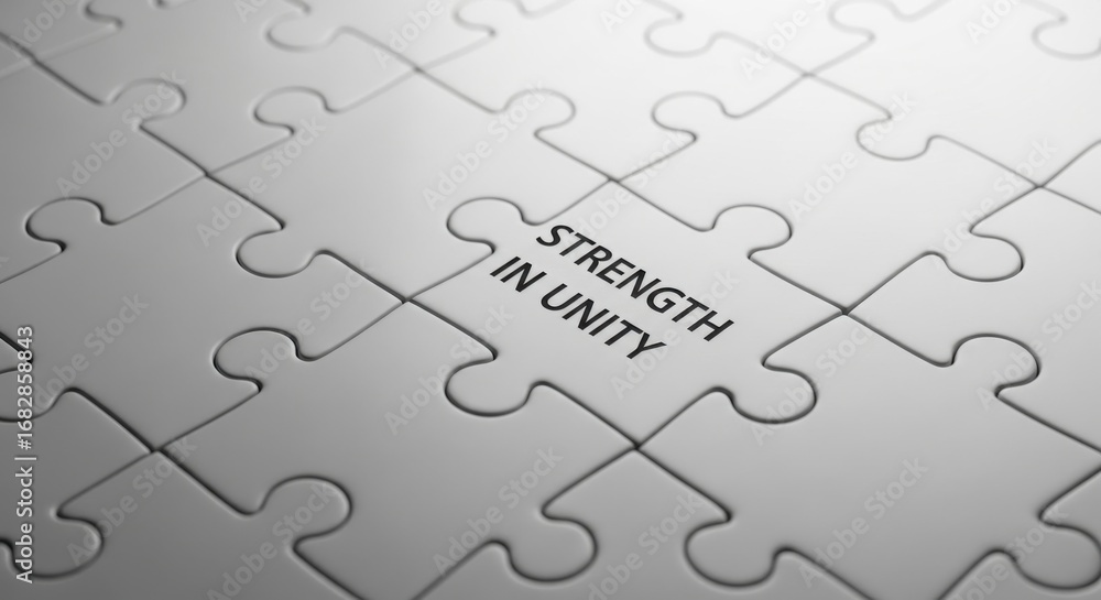 Poster white puzzle pieces with black text strength in unity jigsaw puzzle teamwork
