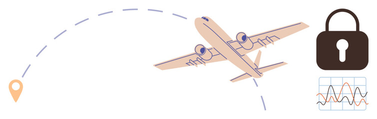 Airplane follows a dotted path toward a location pin, flanked by a lock and data chart. Ideal for travel safety, aviation security, logistics, data protection, navigation, aerospace, privacy in
