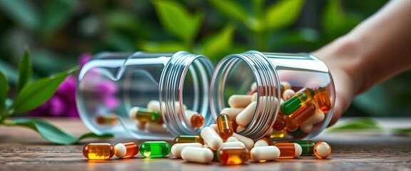 Hand pours herbal supplement pills from plastic container,  therapy,  alternative