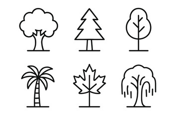 Black and white line art illustrations of diverse tree shapes and types