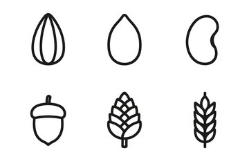 Fototapeta premium Line art icons of seeds and nuts: almond, sunflower, bean, acorn, pine, wheat