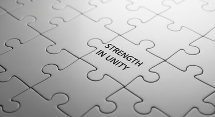 Fototapeta premium White puzzle pieces with black text Strength in Unity jigsaw puzzle teamwork