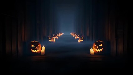 Carved pumpkin with flickering candle inside on dark background for seasonal Halloween celebration footage. - Powered by Adobe