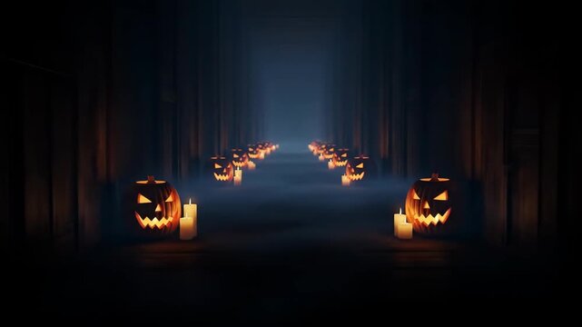 Carved pumpkin with flickering candle inside on dark background for seasonal Halloween celebration footage.
