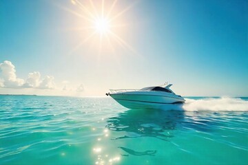 Naklejka premium A vibrant summer scene featuring a sleek powerboat gliding across calm, turquoise water under a bright sunny sky Perfect for travel, vacation, and nautical themes , nautical, waves, blue
