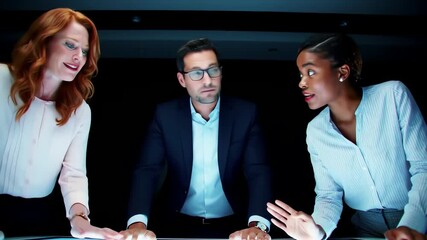 A diverse team of business professionals collaborates around a futuristic glowing interactive table in a dark office meeting room - Powered by Adobe