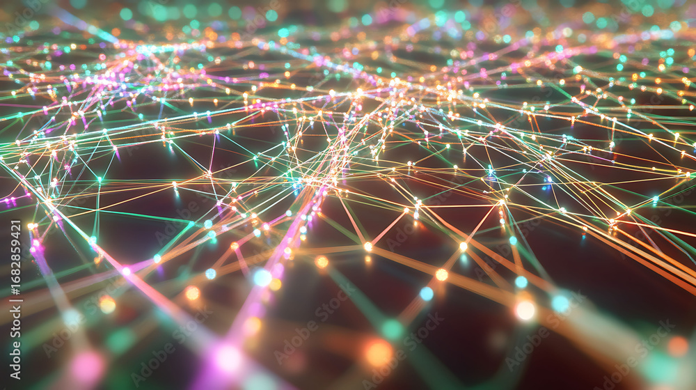 Poster abstract network connection. vibrant, glowing lines and nodes create a dynamic visual representing d