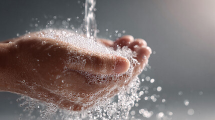 Fototapeta premium Washing hands with clear water a symbol of cleanliness, health, hygiene, and purification. Ideal for medical, wellness, and lifestyle content. Clean, refreshing.
