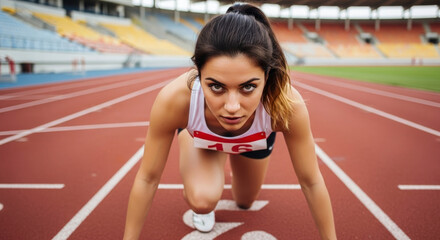 A female sprinter with a focused and determined expression on her face, in a starting position on a running track