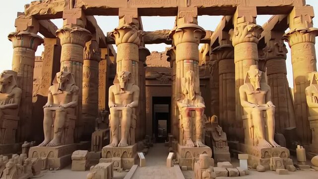 A slow cinematic journey through a majestic ancient Egyptian temple with colossal pharaoh statues and columns.