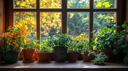 Windowsill Potted Plants Collection: Broad-Leaf Succulents and Orange-Yellow Flowering Plants for Indoor Natural Decor