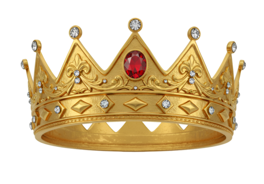 Golden royal crown with red gemstone and diamonds isolated on transparent background, luxury symbol of royalty, power, prestige, monarchy, and ceremonial elegance. - Powered by Adobe