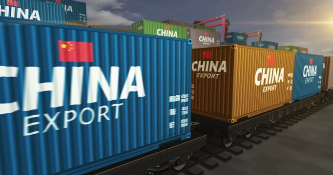 China export production and import containers on a freight wagons loop. Business concept of railway train transport and shipping with a Chinese flag. 3D loopable and seamless animation.