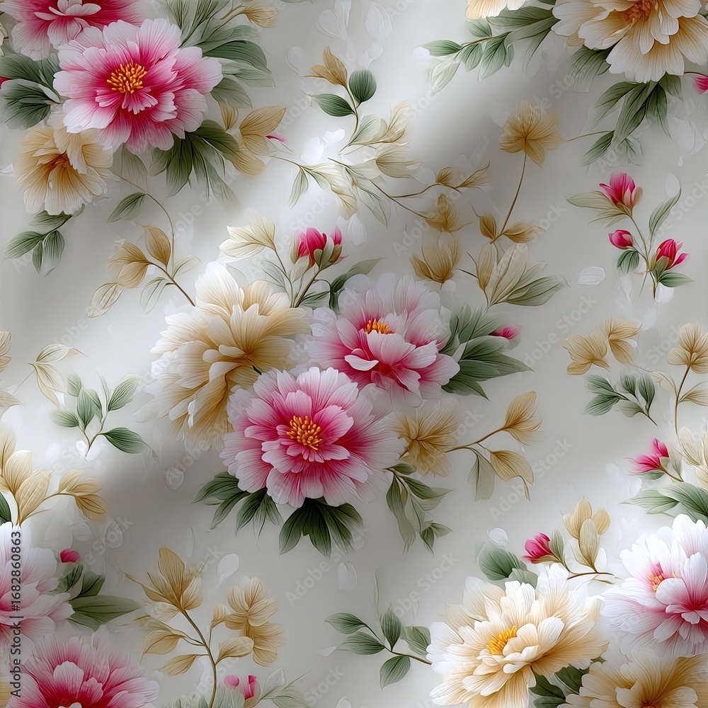 Poster a vibrant display of peonies and smaller floral elements in shades of pink and white, creating an in