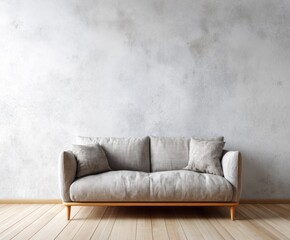 Light-gray couch against a textured, light-gray wall with wooden flooring creates a tranquil and minimalist living space.