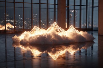 Illuminated mountain cloudscape in modern interior