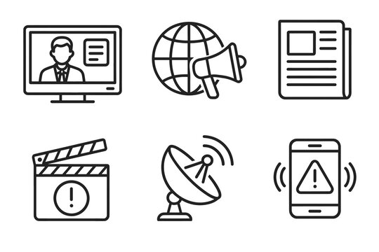 Media and communication icons: news, broadcasting, alerts, and entertainment symbols
