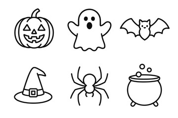 Fototapeta premium Halloween icons: pumpkin, ghost, bat, witch hat, spider, cauldron – spooky line art