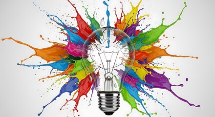 Obraz premium Explosion of vibrant color splashes erupting from a broken lightbulb, symbolizing creative ideas and innovation bursting forth with dynamic energy.