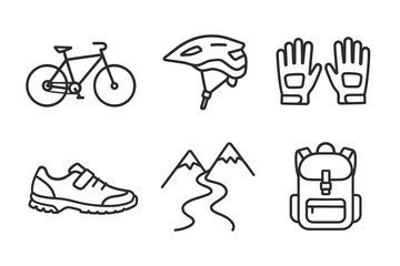 Essential cycling gear and outdoor adventure equipment icons set