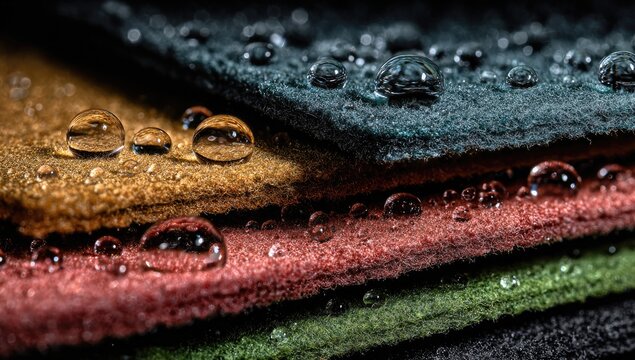 Close-up of layered, water-resistant fabrics in various colors.  Water droplets are visible on the surface - Powered by Adobe
