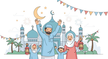 Adobe illustrator artwork vector illustration of a joyful Muslim family celebrating Eid or Ramadan or celebrate islamic in front of a mosque, with lanterns, crescent moon, and festive decorations