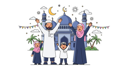 Adobe illustrator artwork vector illustration of a joyful Muslim family celebrating Eid or Ramadan or celebrate islamic in front of a mosque, with lanterns, crescent moon, and festive decorations