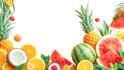 Fresh tropical fruits and vegetables including orange, lemon,