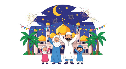 Adobe illustrator artwork vector illustration of a joyful Muslim family celebrating Eid or Ramadan or celebrate islamic in front of a mosque, with lanterns, crescent moon, and festive decorations