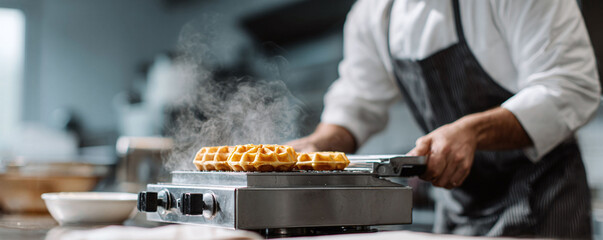 Golden waffles sizzle on a griddle, a chef overseeing. Represents culinary artistry, fresh food preparation, and morning indulgence. Ideal for restaurants, food blogs, and lifestyle publications.