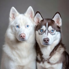 A regal Siberian Husky with icy blue eyes and a focused gaze, isolated on a neutral background with plenty of room for text overlays ,