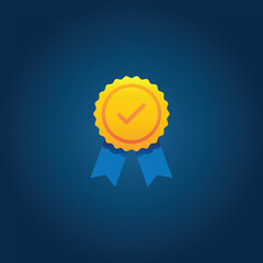 Vector illustration of golden medals with checkmarks and blue ribbons, set on a dark blue background. Perfect for symbolizing achievement, quality, guarantee, and success. Ideal for web badges