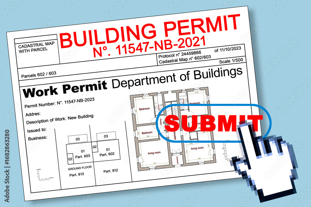 Poster submitting for a building permit concept with fictional building permit and submit icon web