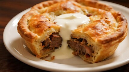 Flaky Lamb Pie Drizzled with Yogurt and Warm Spices, Bird's-Eye View Food Photography with Beautiful Lighting
