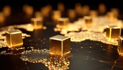 Golden cubes on a world map
