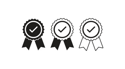 Stylish vector of approved medal icons in black and white. Perfect for certification, quality badges, guarantee emblems, and award designs. Simple, high-quality, and easy to use
