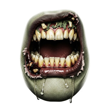 Horrifying monster mouth with sharp decaying fangs and gums. isolated transparent background