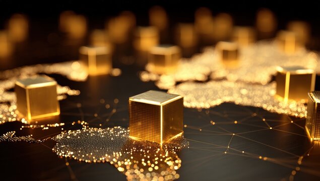 Golden cubes on a world map