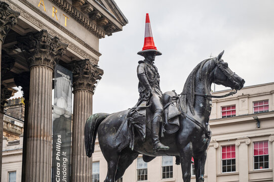Equestrian Statue of Duke of Wellington wearing a traffic cone on his head on July 20, 2017 in Glasgow, Scotland