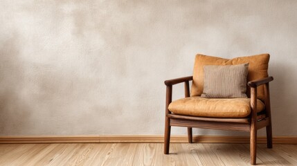 A light beige textured wall showcases a simple wooden armchair with an auburn leather seat and a neutral striped cushion, creating a serene and minimalist aesthetic in a room.
