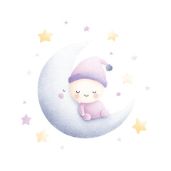 Adorable Baby Sleeping on Moon Watercolor Nursery Art.