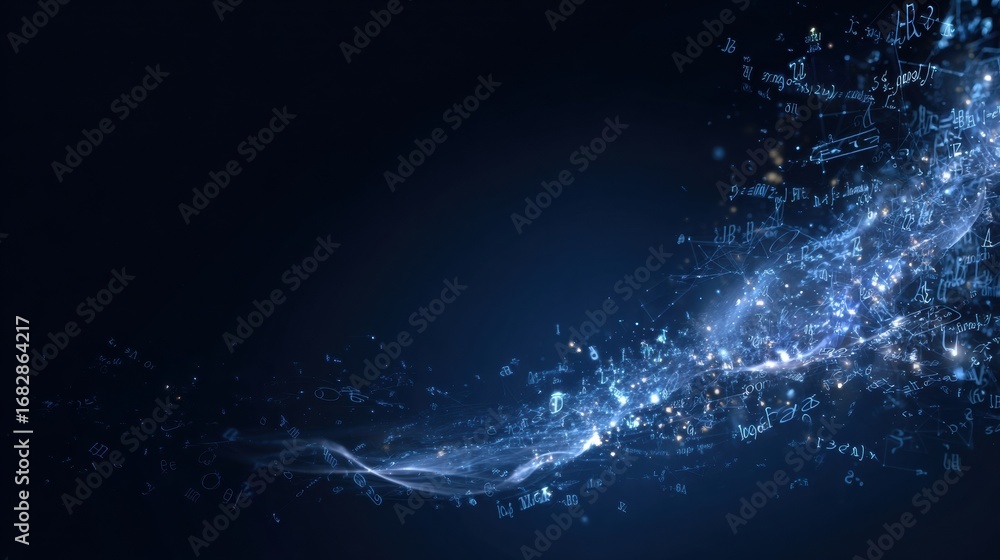 Poster digital abstract art displaying glowing blue particles and mathematical symbols in a dark background