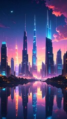 Fototapeta premium Futuristic cityscape reflected in a calm water