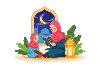 Adobe illustrator artwork vector illustration of a Muslim mother and daughter reading the Al-Quran at night, framed by an archway with a crescent moon, stars, and lantern