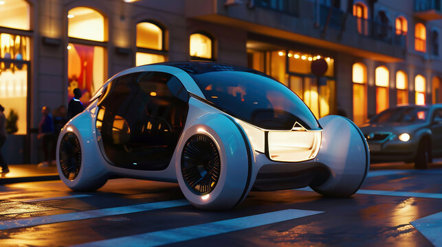 Shot of a Futuristic Self-Driving Van Moving on a Public Highway in a Modern City with Glass Skyscrapers. Beautiful Female and Senior Man are Having a Conversation in a Driverless Autonomous Vehicle.