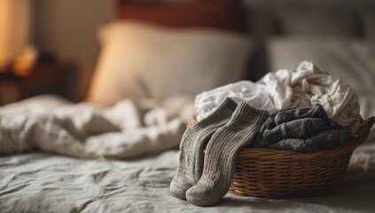 Obraz premium Laundry basket on a bed at dawn